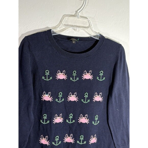 TALBOTS Women Navy Sea Embellished Casual Pink Crabs Green Anchor Medium Sweater - Picture 3 of 5